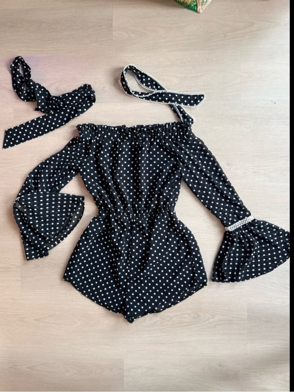 Sabo Skirt Off-Shoulder Black & White Polka Dot Playsuit / Romper - Small